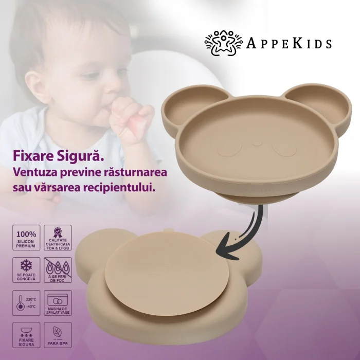 Farfurie din silicon cu ventuza, AppeKids, Panda - Bej [5]