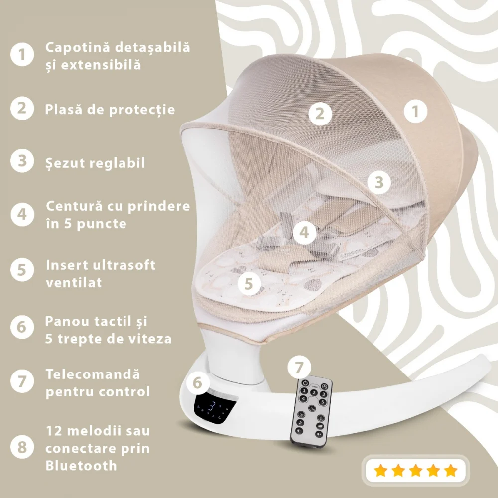 Leagan electric pentru bebelusi, cu spatar reglabil si senzor de miscare, AppeKids Evoque - Bej [3]