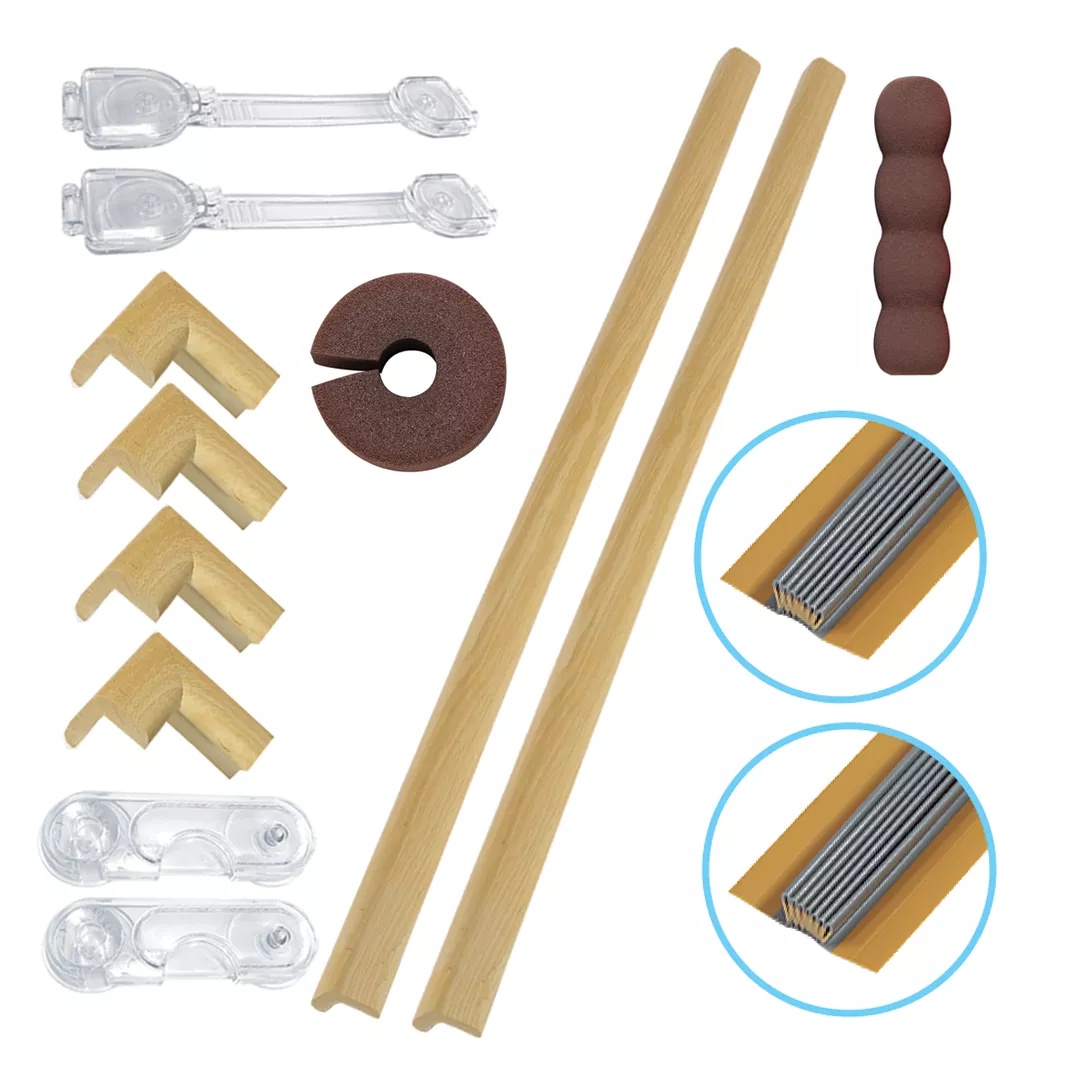 Pachet sisteme de siguranta copii, 14 piese, culoarea lemnului deschis