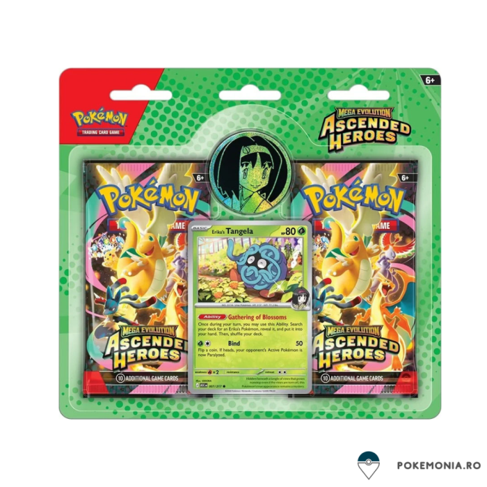Pokemon TCG Mega Evolution Ascended Heroes Trainer's 2 Pack Blister Collection Bundle cu Larry's Komala si Erika's Tangela [3]