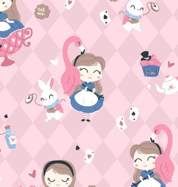 Bumbac Premium cu  Alice in Wonderland pe fundal roz [1]