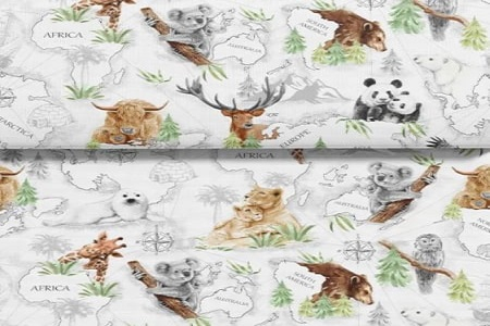 Bumbac Imprimat - Bumbac cu Animale de jungla si Continente - 5 metri