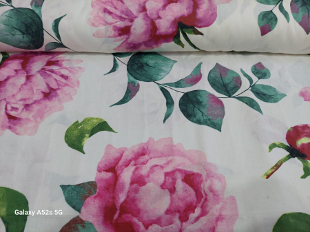 Bumbac imprimat 220/240 cm - Bumbac cu Flori Bujori - 220 cm latime