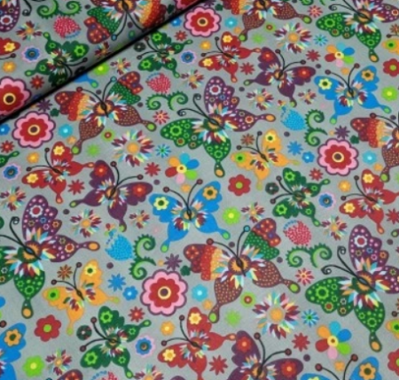 Bumbac Imprimat - Bumbac cu Fluturi colorati pe  fundal gri