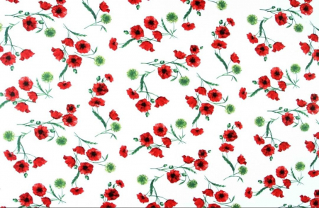 Tesaturi Textile - Bumbac cu  Maci pe fundal alb