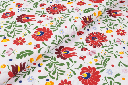 Tesaturi Textile - Bumbac cu  model Tradițional maghiar cu flori mari pe alb