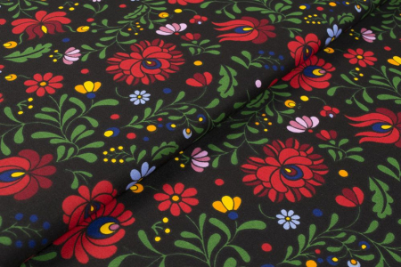 Tesaturi Textile - Bumbac cu  model Tradițional maghiar cu flori mari pe negru