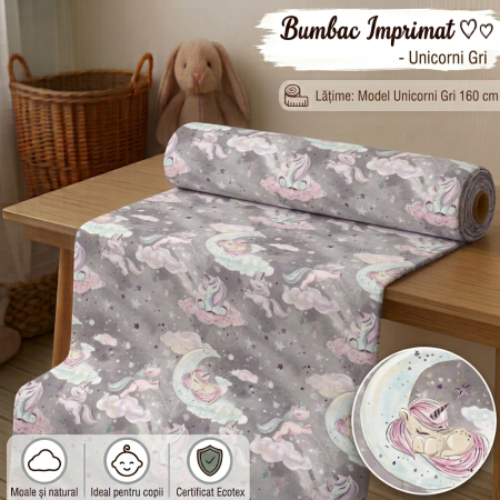Bumbac Imprimat - Bumbac cu model Unicorni cu glitter auriu pe fundal  gri