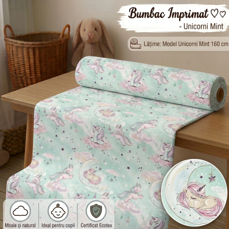Bumbac Imprimat - Bumbac cu model Unicorni cu glitter auriu pe fundal  mint