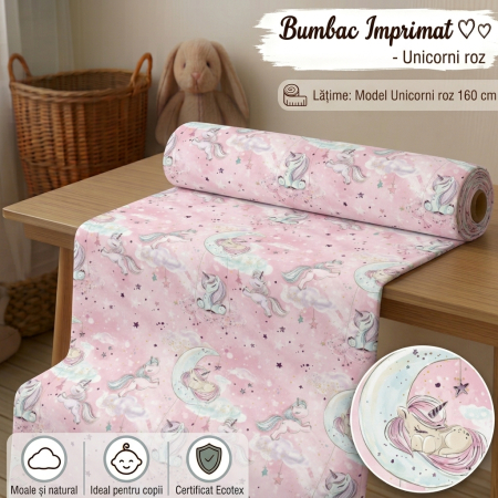 Bumbac Imprimat - Bumbac cu model Unicorni cu glitter auriu pe fundal  roz