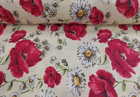 Cupoane de material - Cupon Bumbac cu Maci pe fundal crem  - 0.9 x2.20 m