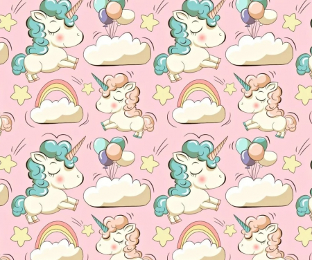 Bumbac Imprimat - Bumbac cu Unicorni si baloane pe roz