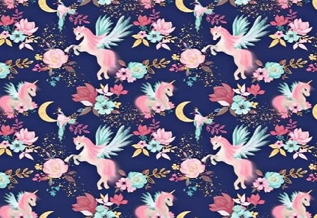Bumbac Imprimat - Bumbac cu Unicorni roz  pe albastru