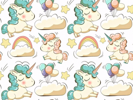 Bumbac Imprimat - Bumbac cu Unicorni si baloane pe alb