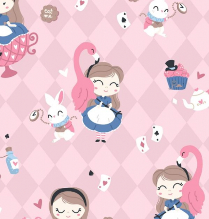 Bumbac Premium - Bumbac Premium cu  Alice in Wonderland pe fundal roz