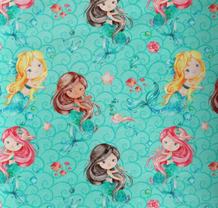 Tesaturi Textile - Bumbac Premium cu  Sirene pe fundal turcoaz
