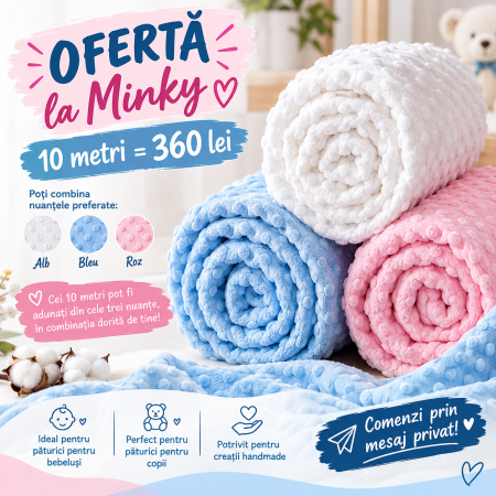 Plush Minky - Rola 10m  Plush Minky - Alb/Roz/Bleu