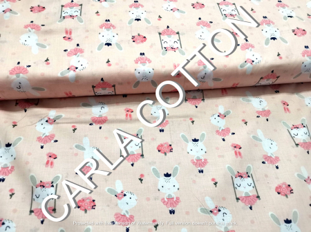 Oferte - Rola Bumbac cu model Iepurasi pe somon - 50m