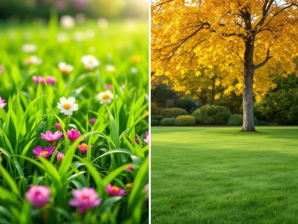 A photorealistic shot capturing a split-screen image showing a spring garden scene on the left with fresh green grass and blooming flowers, and an autumn garden scene on the right with golden leaves and a well-maintained lawn