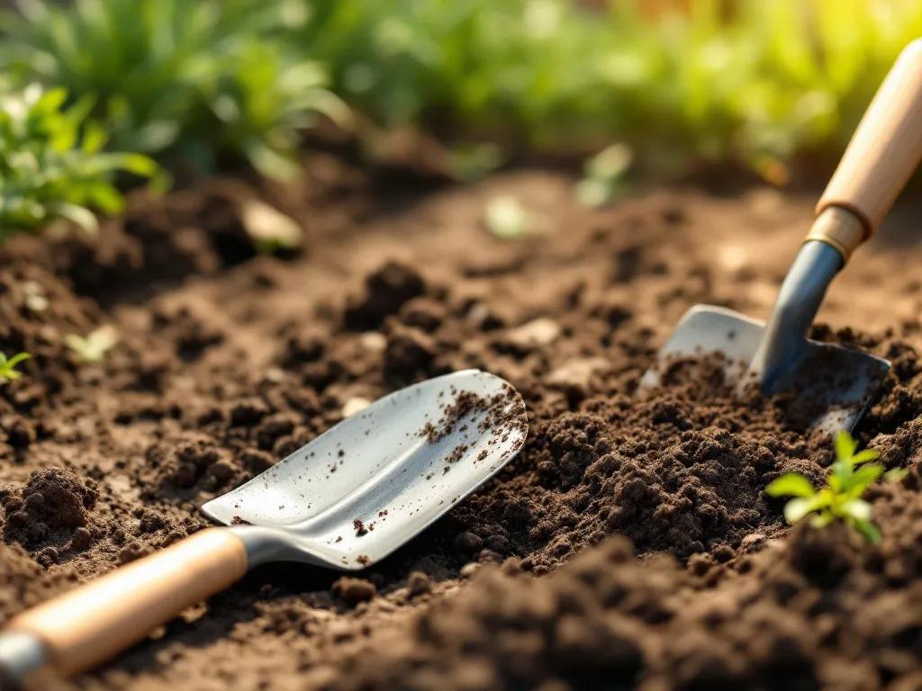 A photorealistic shot capturing a garden plot being prepared for lawn seeding, showing a cleared area with soil visible and simple gardening tools like a rake and shovel in the foreground