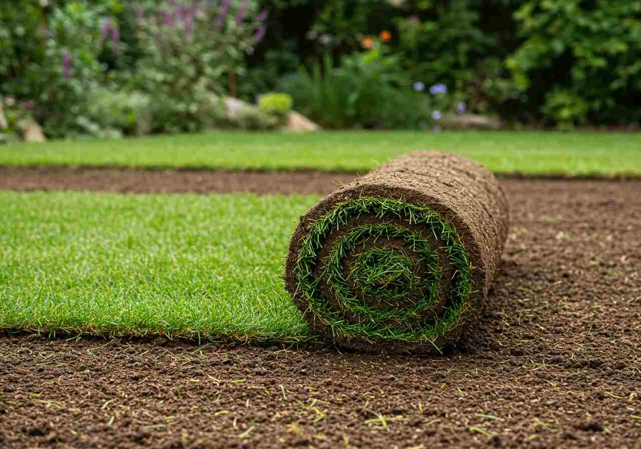 A photorealistic shot capturing the process of laying sod, showing a roll of fresh green grass being unrolled onto prepared soil in a garden setting