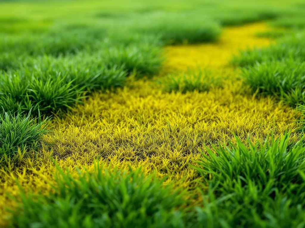 A photorealistic shot capturing a close-up of a lawn with patches of yellowing grass, contrasting with healthy green areas, illustrating common lawn problems