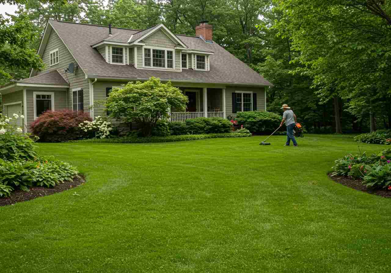 A photorealistic shot capturing a beautiful, lush green lawn in front of a well-maintained home, with a person tending to the grass, symbolizing the ongoing care and attention needed for a perfect lawn