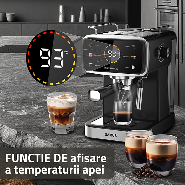 ESPRESSOR SAMUS IMPRESSION 20, 20 BARI, 5 OPTIUNI CAFEA, TOUCH CONTROL, REZERVOR APA 1.5L, 1350W, ECRAN AFISARE TEMPERATURA APA, SISTEM ELECTRONIC DE INCALZIRE, NEGRU [7]