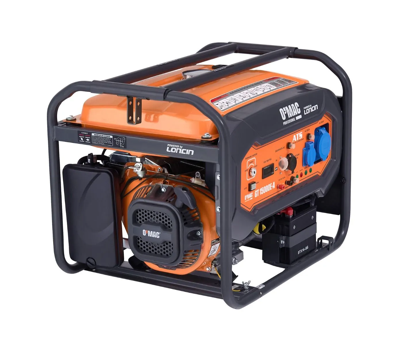 Generator curent electric O-Mac GT 15000E-A, 14 CP, 6000 W, 4 timpi, 420 CC, 220 V, 12 V, stabilizator de tensiune (AVR), pornire automata (ATS), 15 h autonomie maxima, 25 l benzina,negru-portocaliu [2]