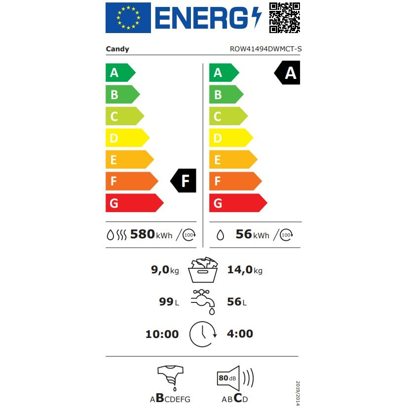 Masina de spalat rufe cu uscator Candy Rapido ROW41494DWMCT-S, Spalare 14 kg, Uscare 9 kg, 1400 RPM, Clasa A, Wi Fi, Quick & Clean, Motor Inverter, Steam, Alb [3]