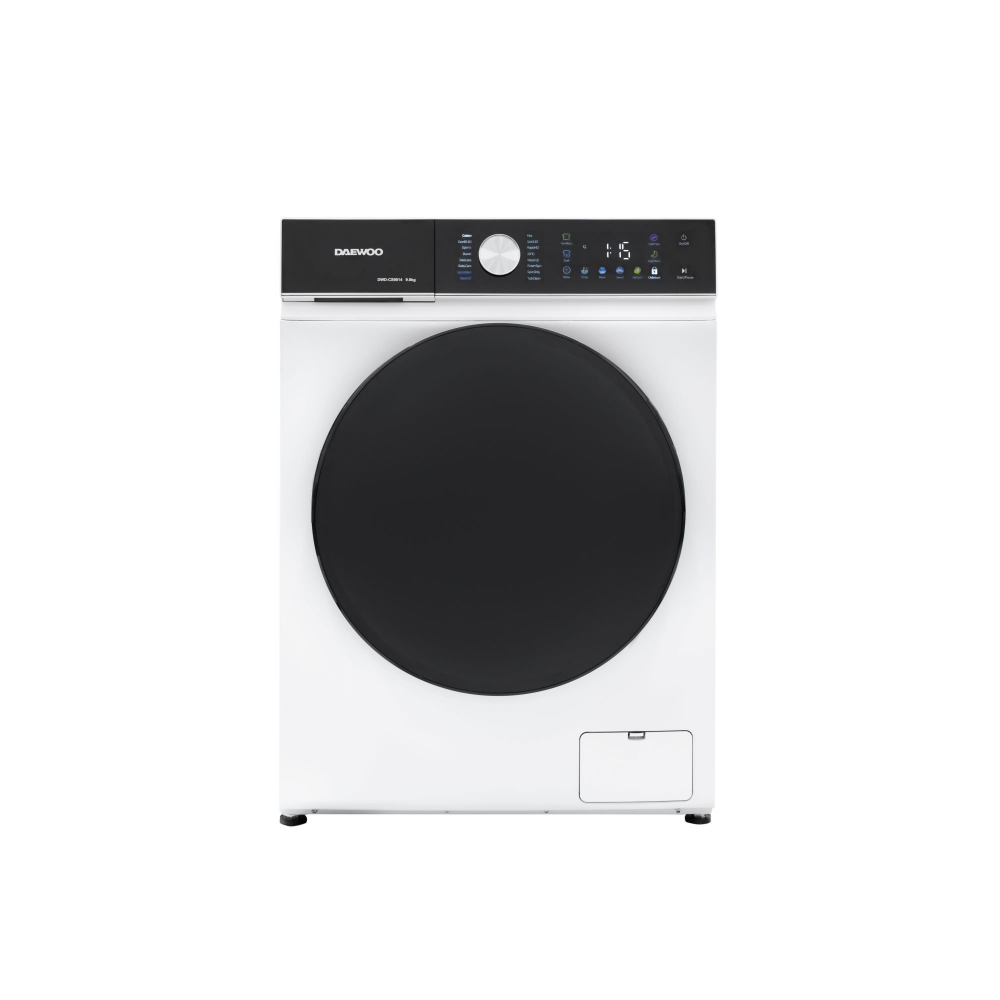 Masina de spalat rufe Daewoo DWD-CS9014, 9 kg, motor inverter, 1400 rpm, 16 programe, butoane touch, panou de control negru cu pictograme colorate, usa dubla neagra, Clasa A, Alb [1]