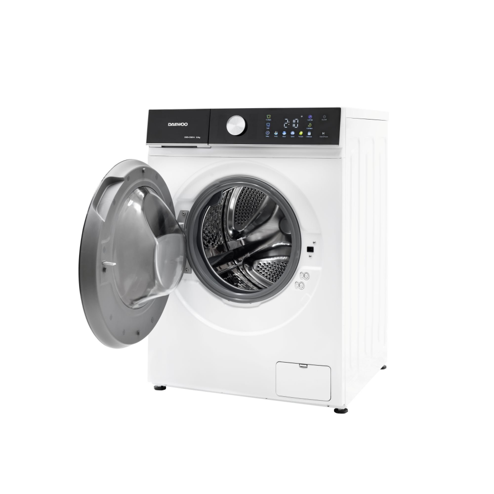 Masina de spalat rufe Daewoo DWD-CS9014, 9 kg, motor inverter, 1400 rpm, 16 programe, butoane touch, panou de control negru cu pictograme colorate, usa dubla neagra, Clasa A, Alb [2]