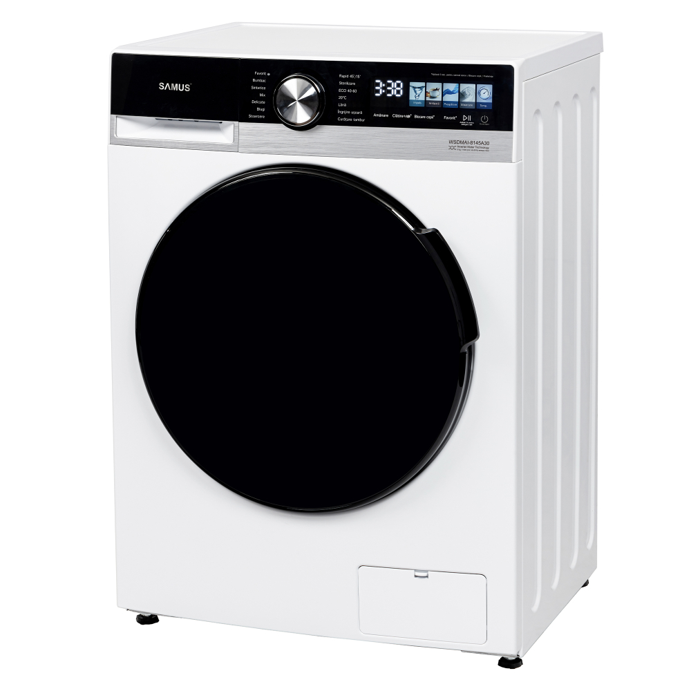 MAȘINĂ DE SPĂLAT RUFE FRONTALĂ SLIM SAMUS WSDMAI-8145A30, 8 KG, 1400 RPM, CLASĂ A, ADÂNCIME 48 CM, MOTOR INVERTER, MEMORARE PROGRAM FAVORIT, ANTIPATĂ, CURĂȚARE TAMBUR, DISPLAY LED COLOR, PORNIRE ÎNTÂR [2]
