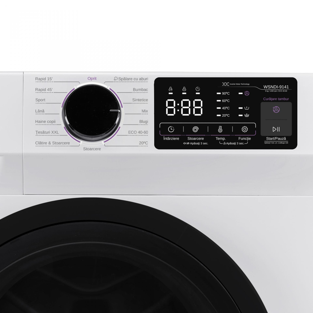 MASINA DE SPALAT RUFE SAMUS WSNDI-9141,9 KG, MOTOR INVERTER, 15 PROGRAME, 1400 ROTATII, CLASA A, BLOCARE ACCES COPII, ALB [2]