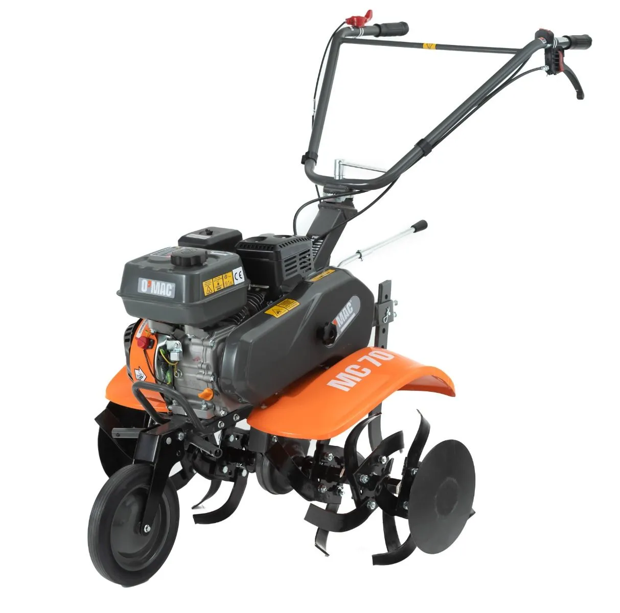Motocultor pe benzina O-Mac MC 70, putere 7 CP, 212 CC, 4 timpi, 2+1 viteze, 80 cm latime lucru, 36 cm adancime lucru,contine:freze + roti cauciuc + plug + rarita, negru-portocaliu [2]