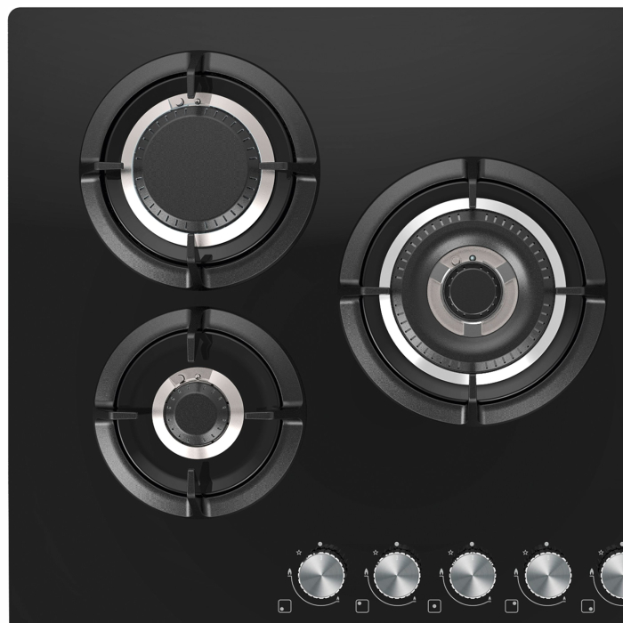 Plita incorporabila Master Kitchen MKHG 7541EDS-FTCBK, Gaz, 5 arzatoare, Gratare fonta, Arzator coroana tripla, Aprindere electica integrata, Sistem siguranta, 75 cm, Sticla neagra [1]