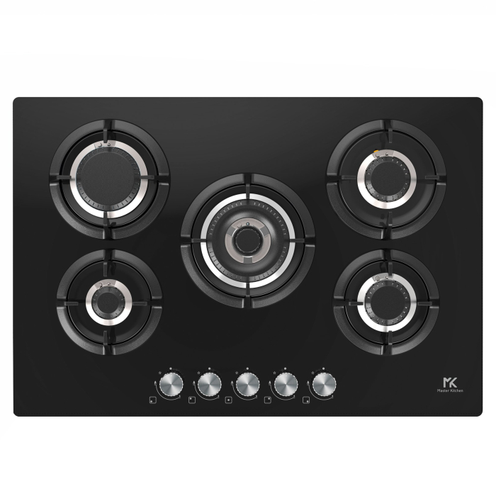 Plita incorporabila Master Kitchen MKHG 7541EDS-FTCBK, Gaz, 5 arzatoare, Gratare fonta, Arzator coroana tripla, Aprindere electica integrata, Sistem siguranta, 75 cm, Sticla neagra [3]