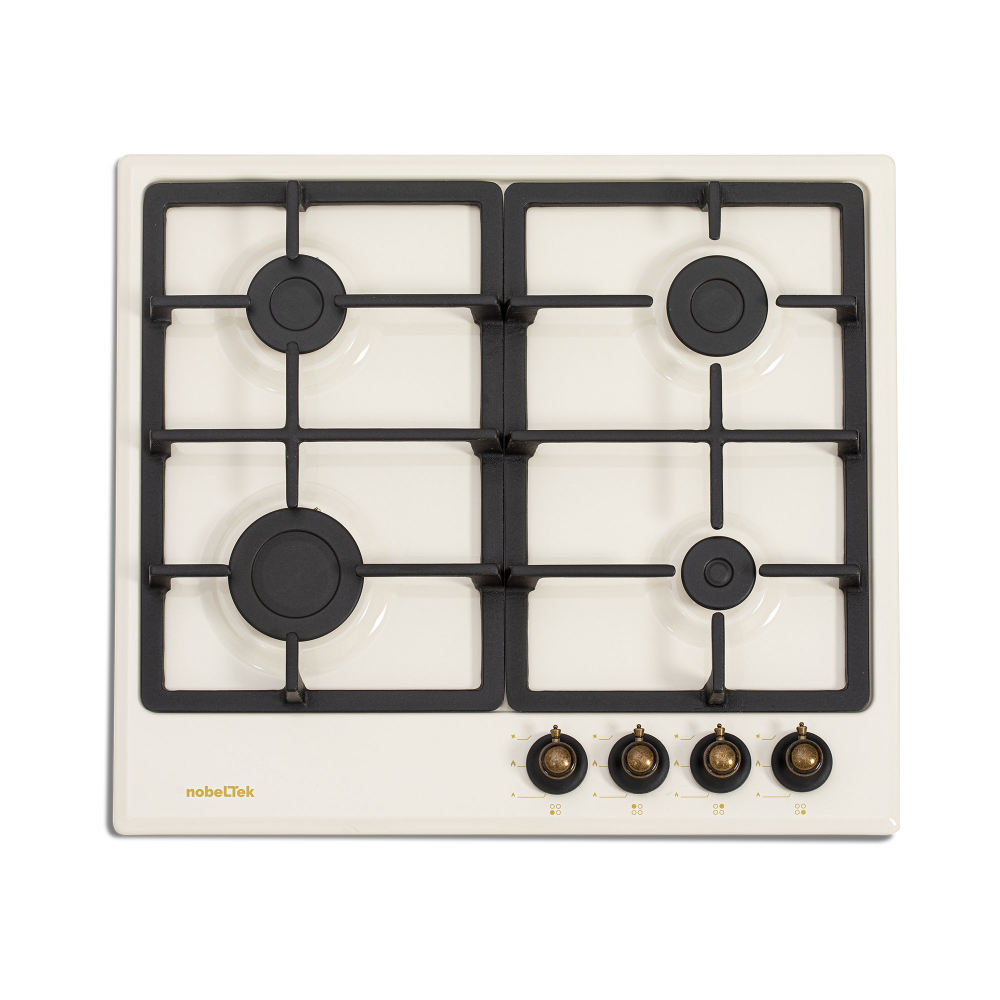 Plita incorporabila NobelTek NHBG-9746RBJ, gaz, comenzi frontale, aprindere buton, gratre fonta, design rustic, Crem [1]