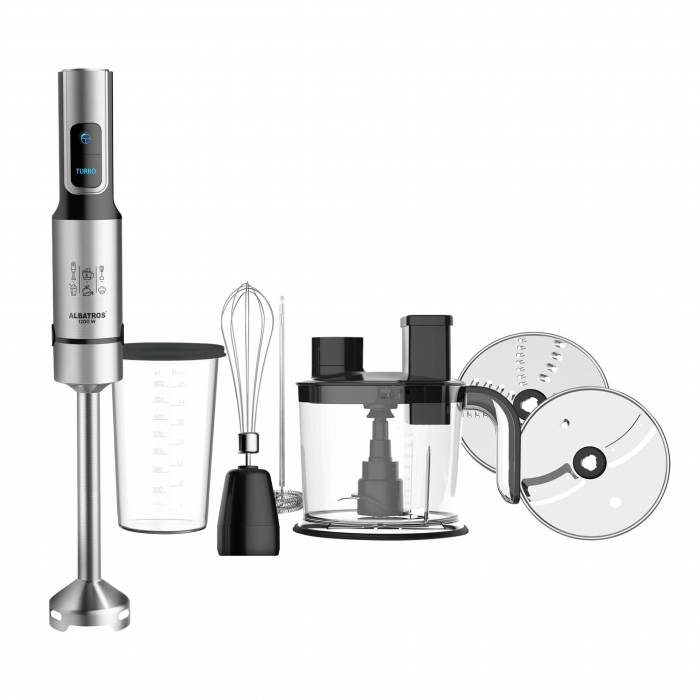 Robot de bucatarie Albatros MR1200A, 6 in 1, 1200 W, Turatie reglabila, Pulse, Accesorii : cutit inox, pahar 0.8 l, vas 1.5 l, tel inox, 2 lame razuire, tija spumare lapte, Inox/negru [4]