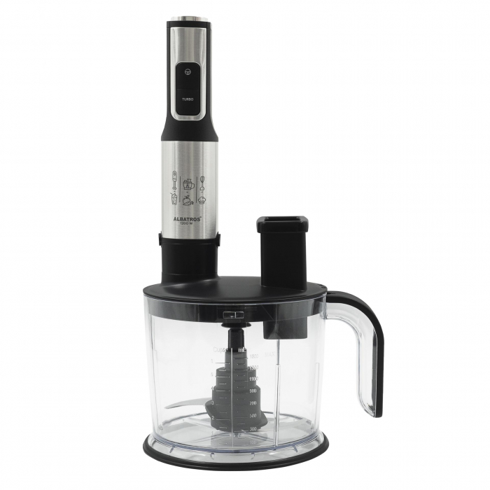 Robot de bucatarie Albatros MR1200A, 6 in 1, 1200 W, Turatie reglabila, Pulse, Accesorii : cutit inox, pahar 0.8 l, vas 1.5 l, tel inox, 2 lame razuire, tija spumare lapte, Inox/negru [2]
