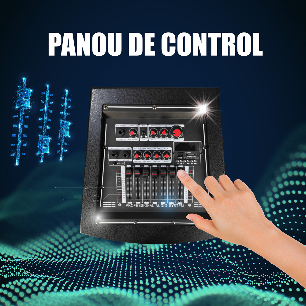 SET BOXE AUDIO SAMUS TWIN SOUND 22 PRO, PUTERE RMS 2×120 W / DE IESIRE 2×250 W / PMPO 4000 W, EGALIZATOARE PE 7 BENZI, FM RADIO, BLUETOOTH 5.0, 2 X MUFA INTRARE MICROFON (NEGRU) [5]