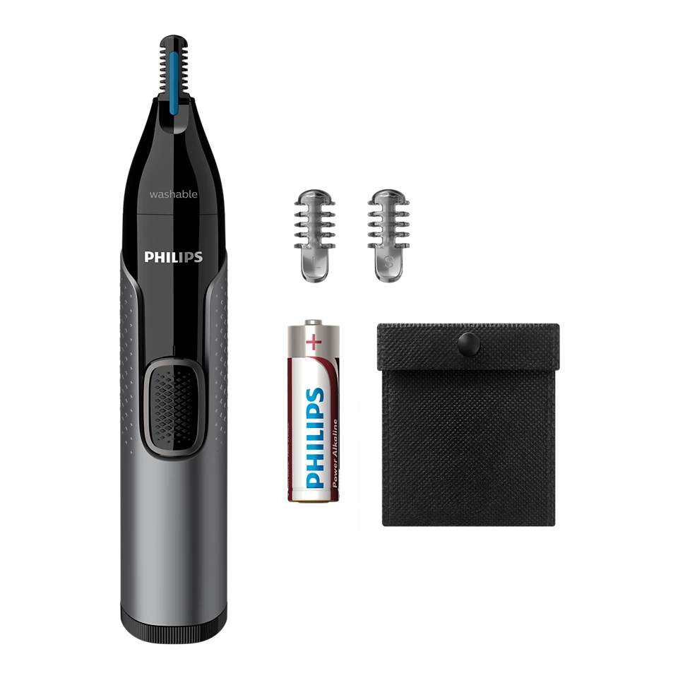 Trimmer pentru nas/urechi PHILIPS NT3650/16, baterie, lavabil, tehnologie Precision Trim, otel inoxidabil, pieptene pentru sprancene, pieptene 5 mm, Gri [1]