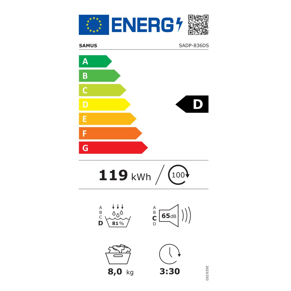 USCĂTOR DE RUFE CU POMPĂ DE CĂLDURĂ SAMUS SADP-836DS, 8 KG, 15 PROGRAME, IGIENIZARE UV, PORNIRE ÎNTÂRZIATĂ, CLASĂ D, GRI ÎNCHIS [3]