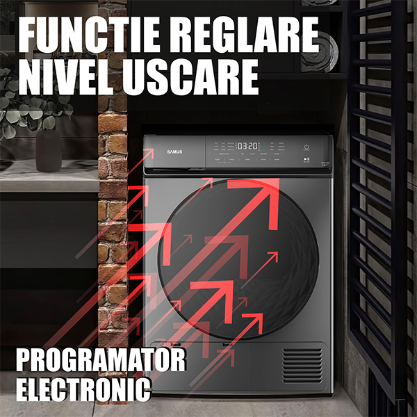 USCĂTOR DE RUFE SAMUS SWDP-919DS, 8 KG, TIP PROCEDURĂ USCARE: POMPĂ DE CĂLDURĂ, 18 PROGRAME, CLASĂ ENERGETICĂ E, ANTI-SIFONARE, BLOCARE ACCES COPII, GRI ÎNCHIS [3]