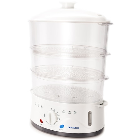Aparat de gatit cu aburi Daewoo DFS900W, 900 W, 3 cosuri, 8.5 l, Timer 60 min, Design ergonomic, Alb