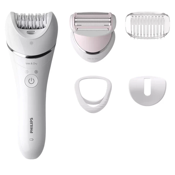 Epilatoare - Epilator umed și uscat Philips BRE710/00, 5 accesorii, 32 pensete, utilizare fara fir, 2 setari viteza, opti-light, discuri ceramice, Argintiu