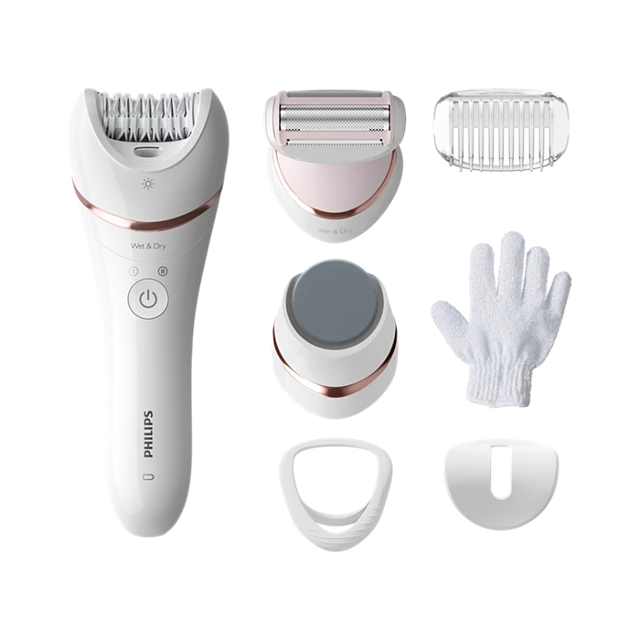 Epilatoare - Epilator umed si uscat Philips Seria 8000 BRE730/10, 7 accesorii, 32 pensete, utilizare fara fir, 2 setari viteza, opti-light, discuri ceramice, Argintiu