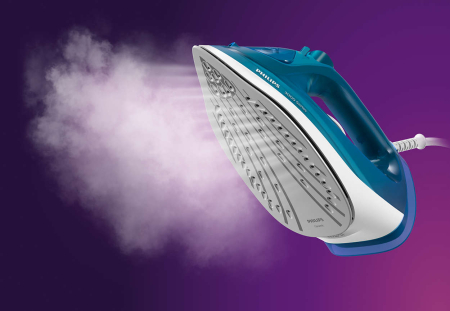Fier si statii de calcat - Fier de calcat Philips DST3040/70, putere 2600W, jet continuu de abur 40g/min, rezervor de apa 300ml, talpa ceramica, oprire automata, culoare albastru deschis