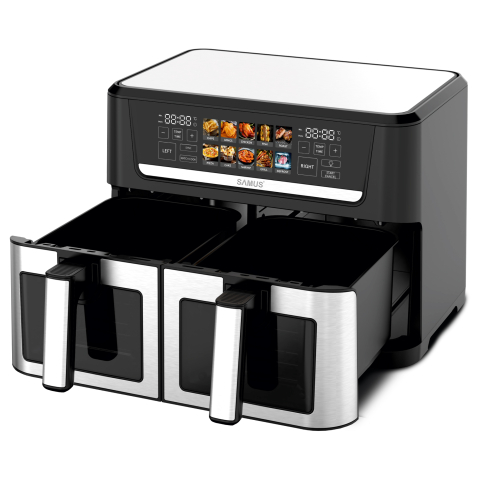 Electrocasnice & Climatizare - FRITEUZĂ CU AER CALD SAMUS AF12TWIN-S2800DW, 2800 W, 12 L, DOUĂ COȘURI INDEPENDENTE DE CÂTE 6 L, INTERIOR ANTIADERENT, FEREASTRĂ, TIMER, 10 PROGRAME, AFIȘAJ ELECTRONIC COLOR