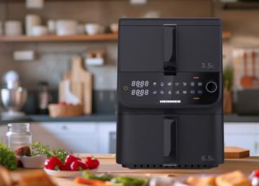 FRITEUZĂ DUBLU ETAJATĂ HEINNER HAF-C10DBS25BK, 2500W, CAPACITATE 10 L, TEHNOLOGIE DE CIRCULARE RAPIDĂ A AERULUI, CONTROL DIGITAL, BUTON ROTATIV PENTRU PROGRAME, FUNCȚII SMART, DUAL COOKING, TEMPERATUR [2]